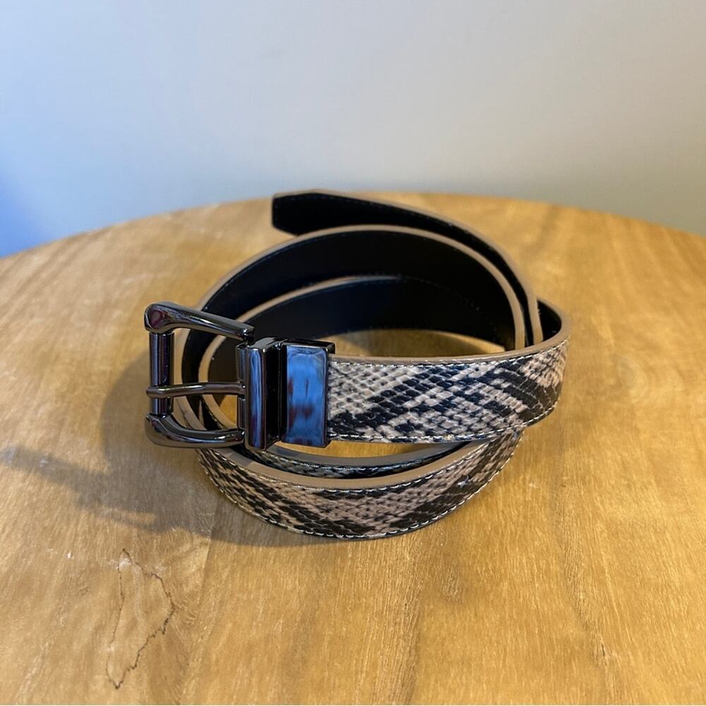 Faux Snakeskin Tan Black Women's Belt Dark Silver Buckle Reinforced Prong Holes